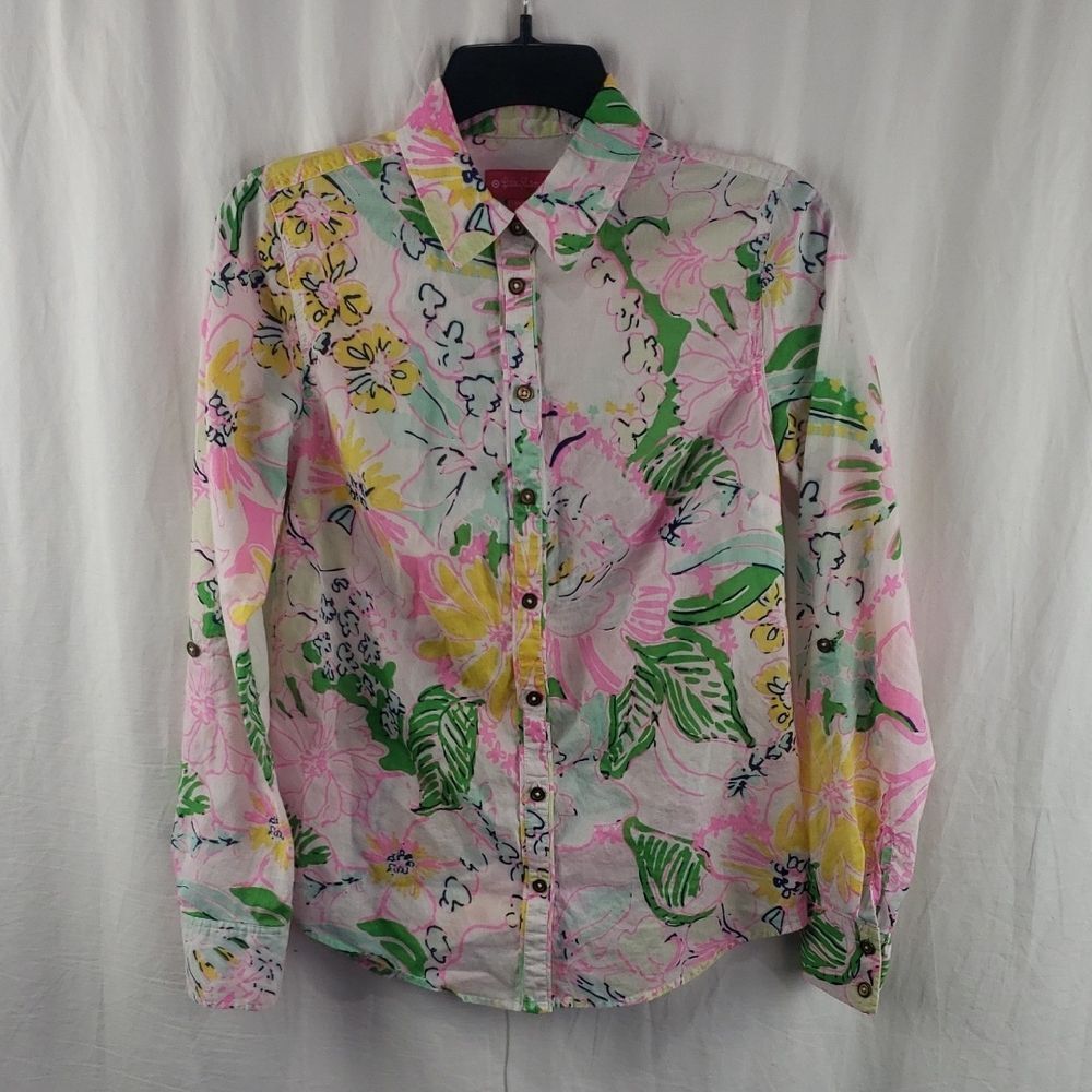 Lilly Pulitzer Pink and Green Floral Nosey Posey Women's XS Button Down Shirt